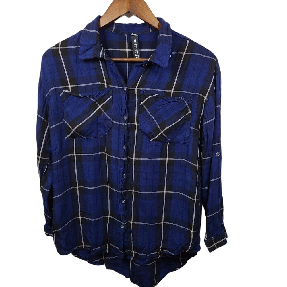 Lord & Taylor Blue Black Plaid Long Sleeve Button Front Shirt Small